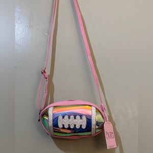 MISS GWENS OMG ACCESSORIES BUBBLE GUM PINK IRIDESCENT FOOTBALL CROSSBODY NWTS